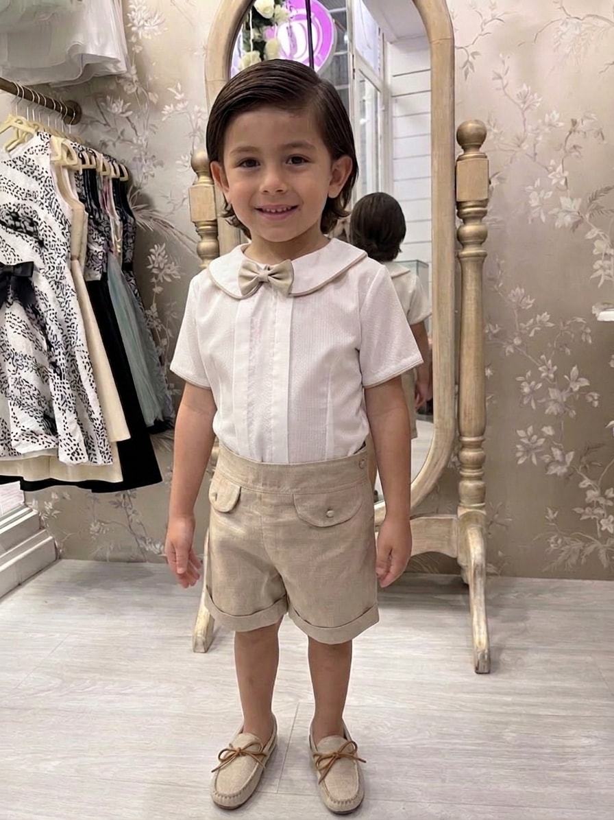 Conjunto Lino Beige con Moño — Lunita Blanca