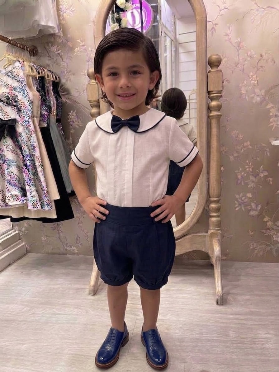 Conjunto Lino Azul Marino con Moño — Lunita Blanca